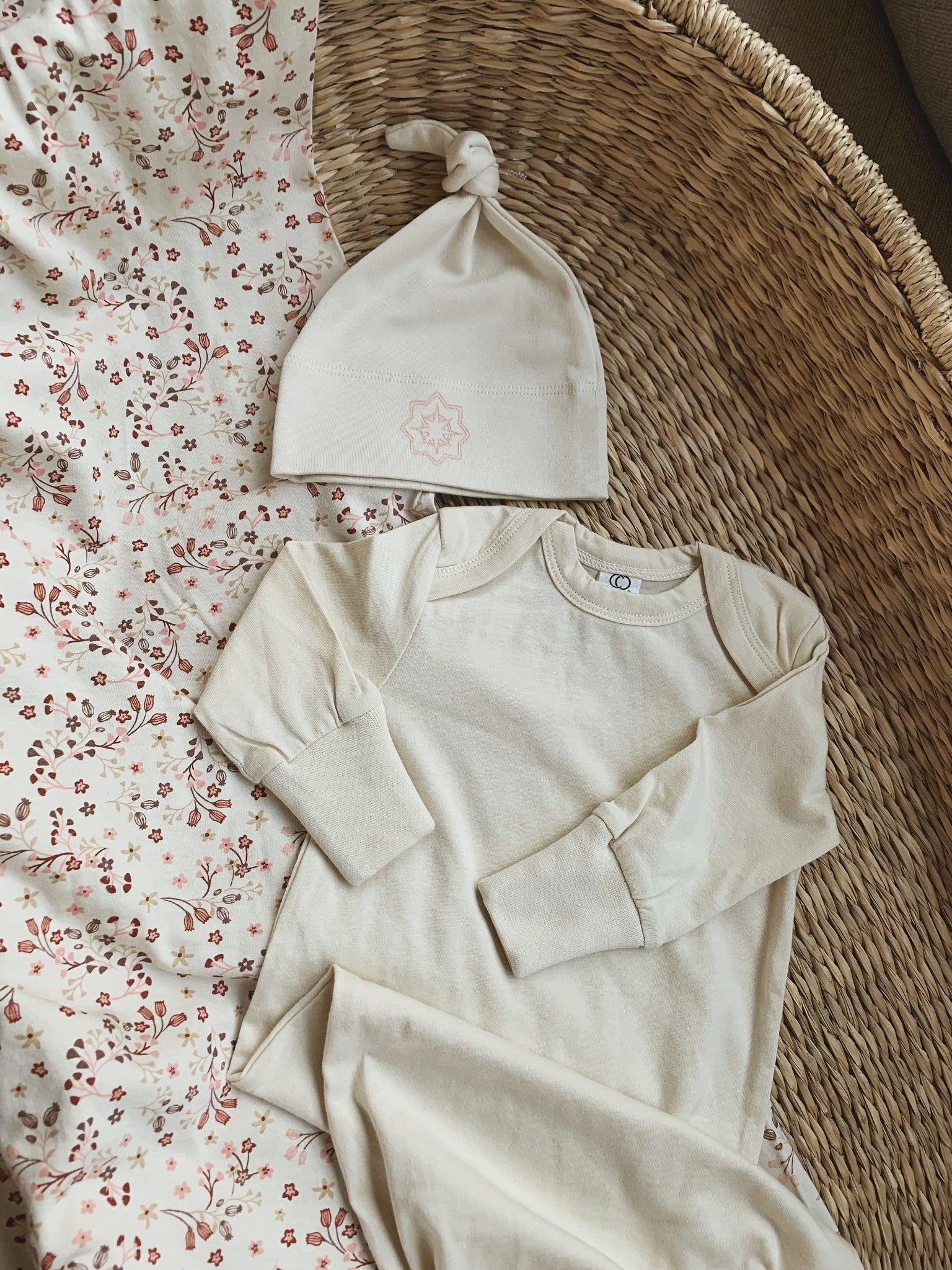 Organic Sleeper, Hat, and Swaddle Set in Cream & Floral ONE LEFT!