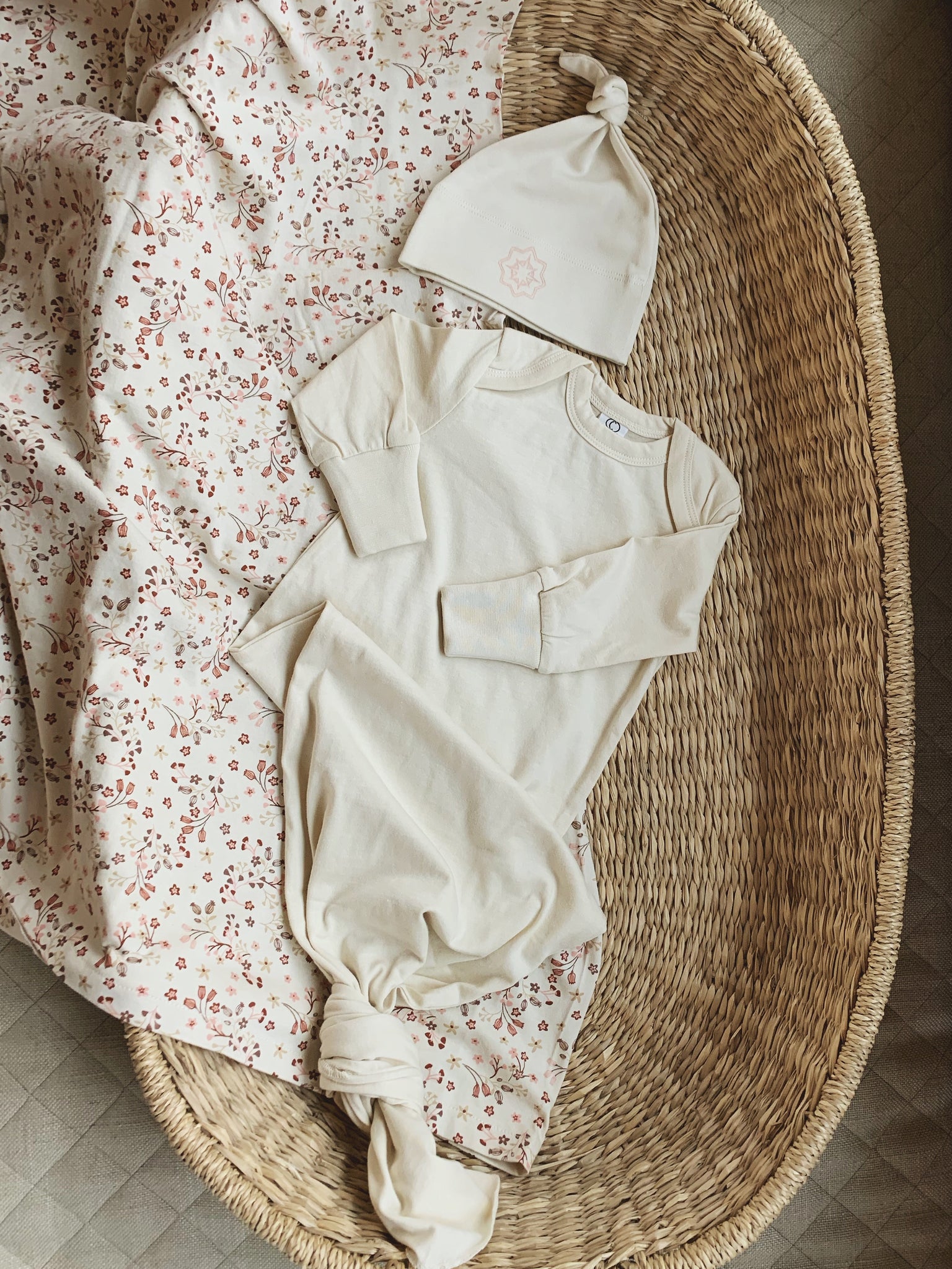 Organic Sleeper, Hat, and Swaddle Set in Cream & Floral