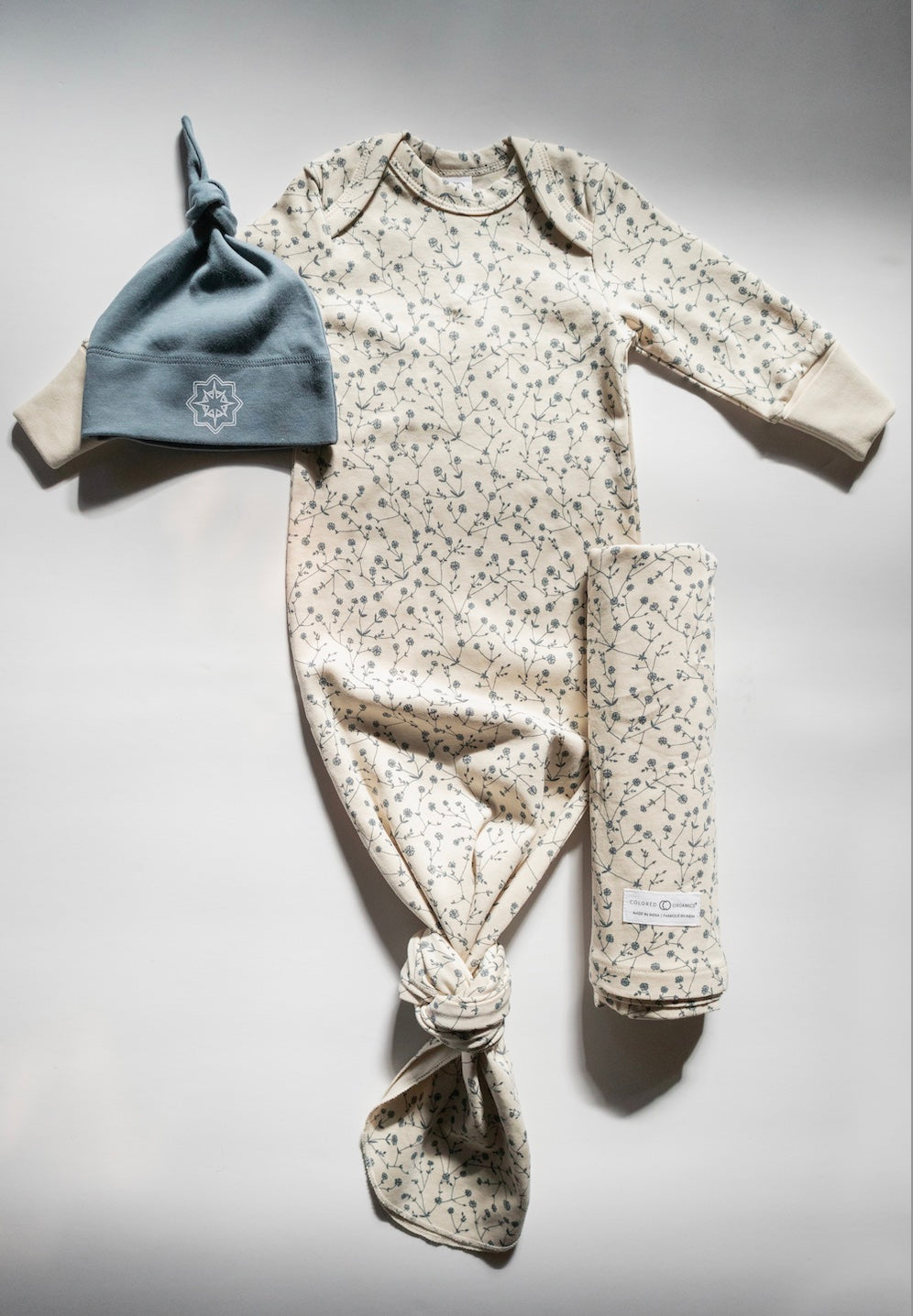 Organic Sleeper, Hat, and Swaddle Set in Blue